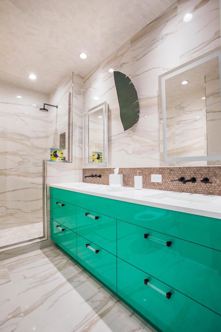Naples residential luxury master bathroom renovation lighted mirrors Gulf Shore