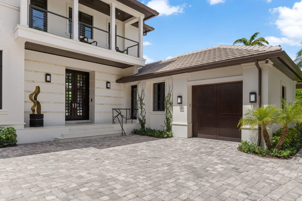 Front side elevation view of a custom home build within the Park Shore community of Naples